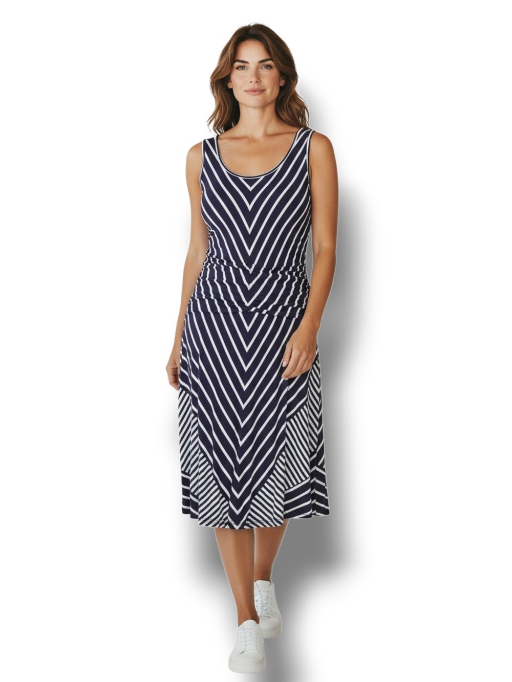 New York & Company Women’s Striped Mermaid Bodycon Sleeveless Midi Dress Navy L